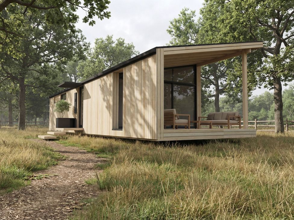 A wooden house with deck and chairs at Arbora 1.0 Spa (Pet) in Malvern
