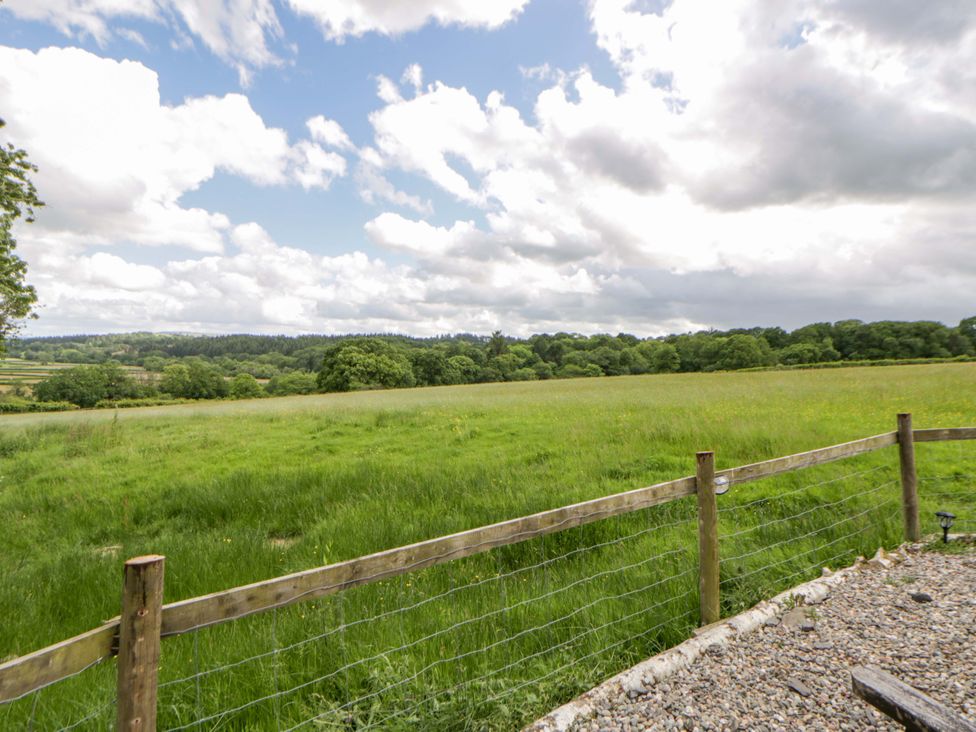 A view of a grassy field with trees and clouds at The Little Shepherds Hut with a View Builth Wells