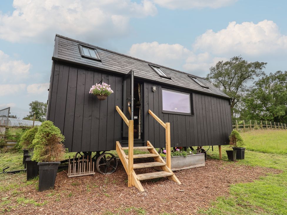 A black cabin with steps leading to the entrance at Cloud Cabin in 