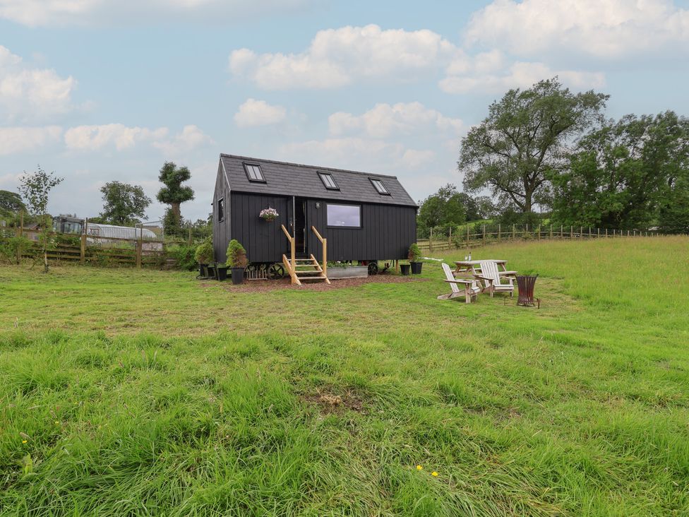 A cabin with steps and deck chairs in a grassy area at Cloud Cabin