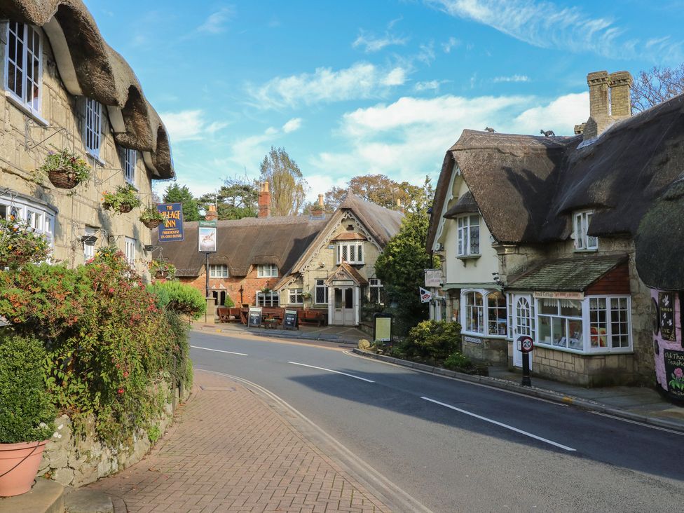 A street with thatched houses and a pub at Dairy Cottage in Whitwell near Niton