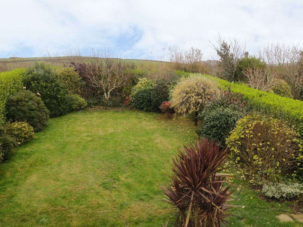 A garden with grass and plants at Gwelfor in Cemaes Bay
