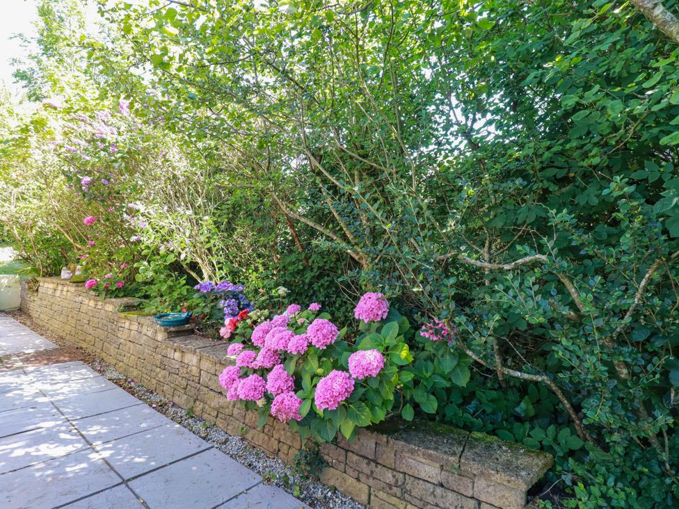 A garden with flowers and a stone wall at Coombe Lodge No 9 in Bude