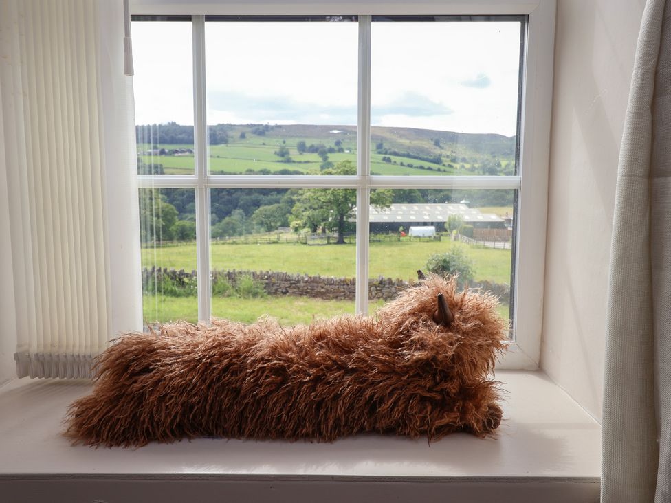 A window with a view and a cushion at The Old Shady Oak Cottage in High Peak