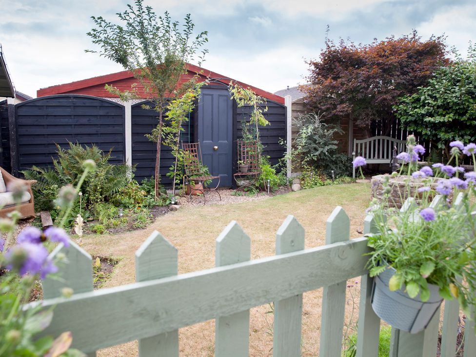 A garden with plants and a shed at Snug Corner in Honley