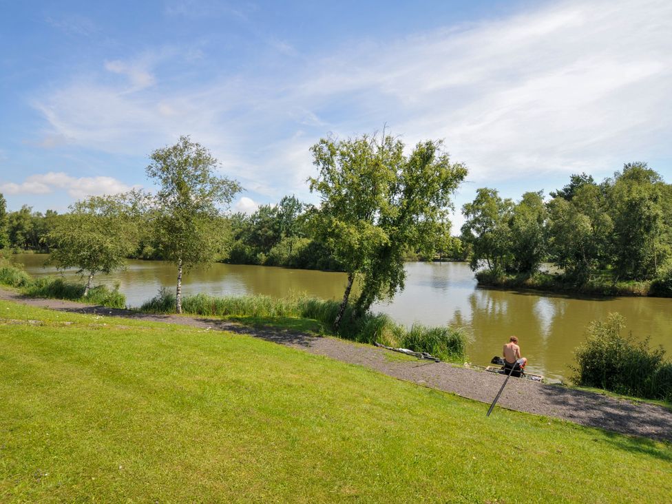 A person sitting near a river with trees and grass at Caravan in Dolton