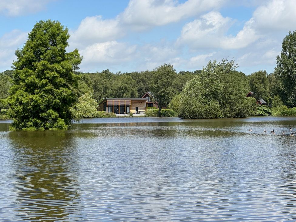 A building near a pond with trees and ducks at Caravan in Dolton