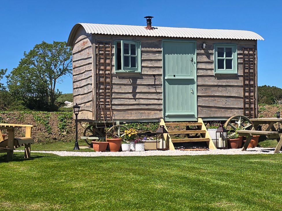 A shed with steps and planters in a garden at Cwt Bugail Pwllheli