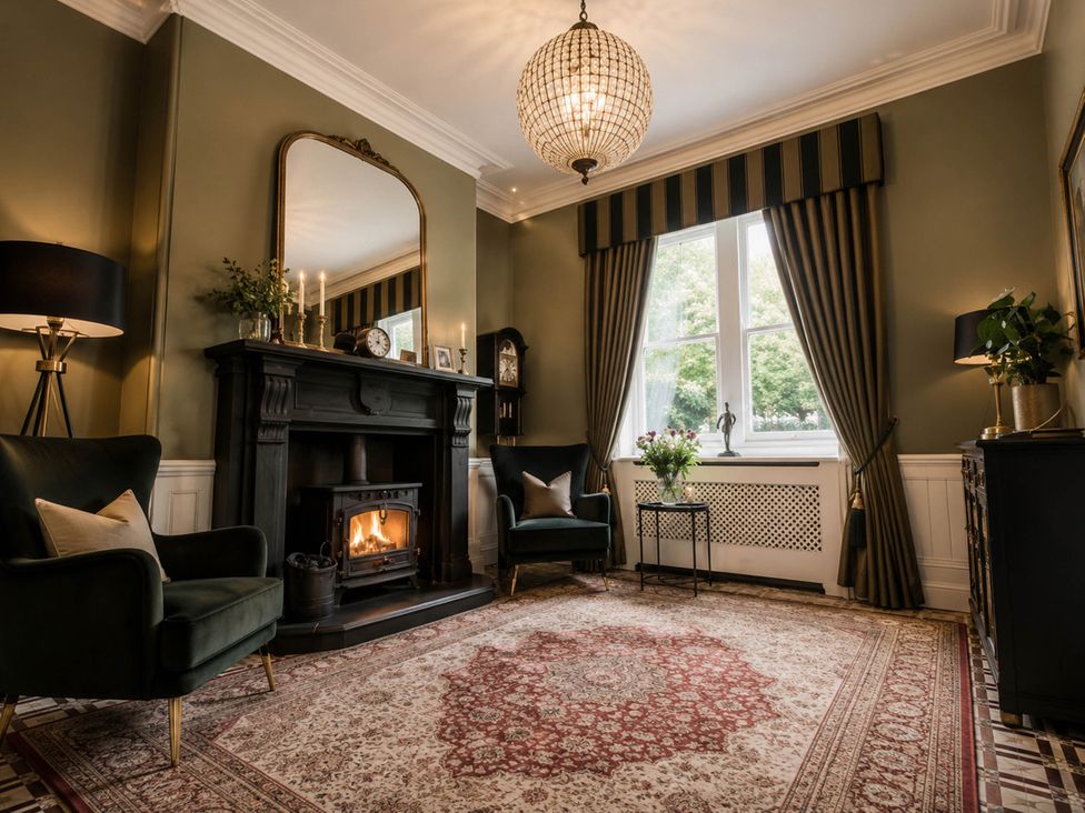 A living room with a fireplace and two chairs at Chowdene Lodge Estate