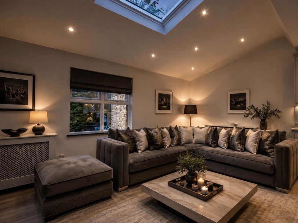 A living room featuring a sofa, coffee table, lamp, and window at Chowdene Lodge Estate