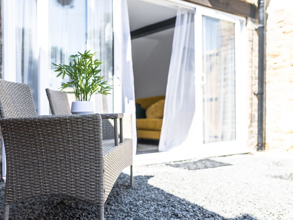 A chair and table with a plant at an outdoor seating area at the property