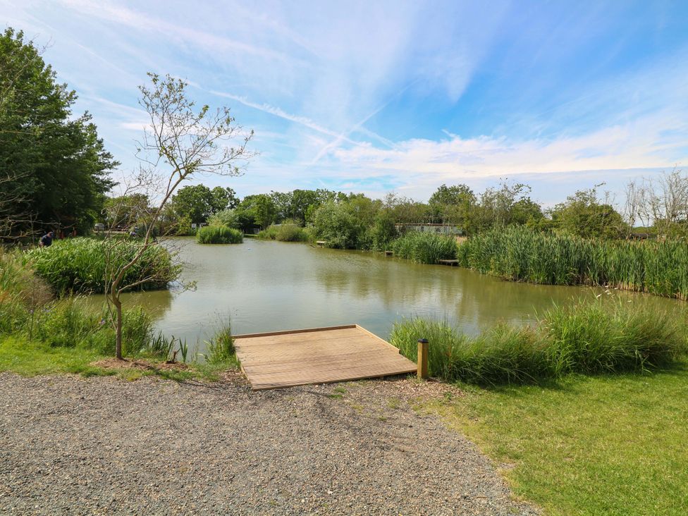 A pond with a wooden dock and vegetation at Moorhen Lodge in Market Rasen