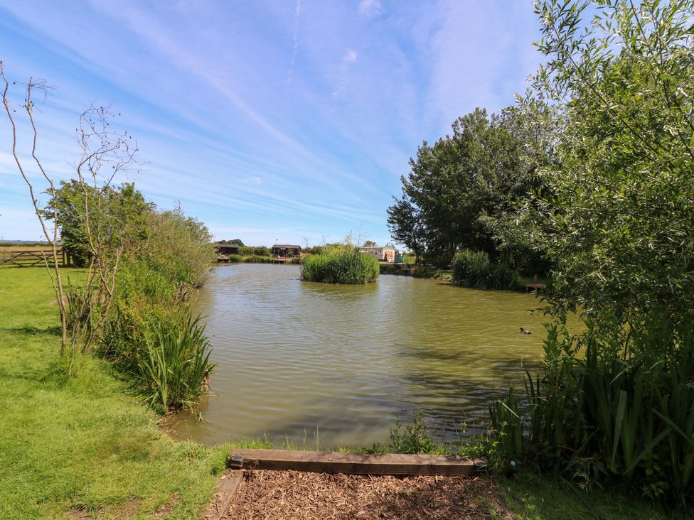 A pond surrounded by grass and trees at Moorhen Lodge in Market Rasen
