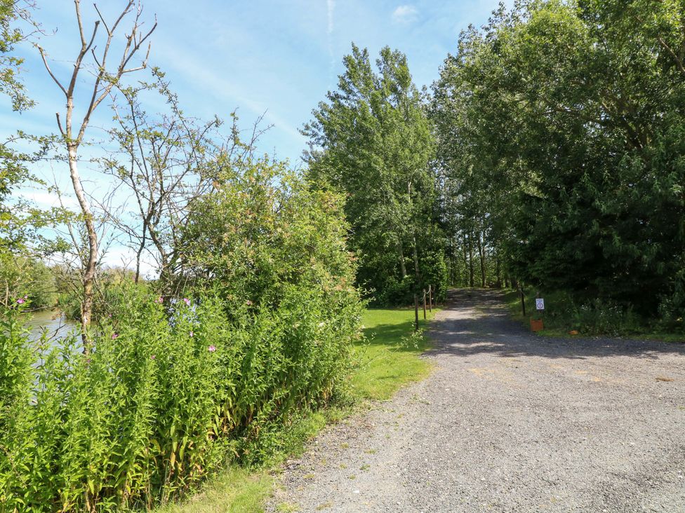 A path leading to water with trees and bushes at Moorhen Lodge in Market Rasen