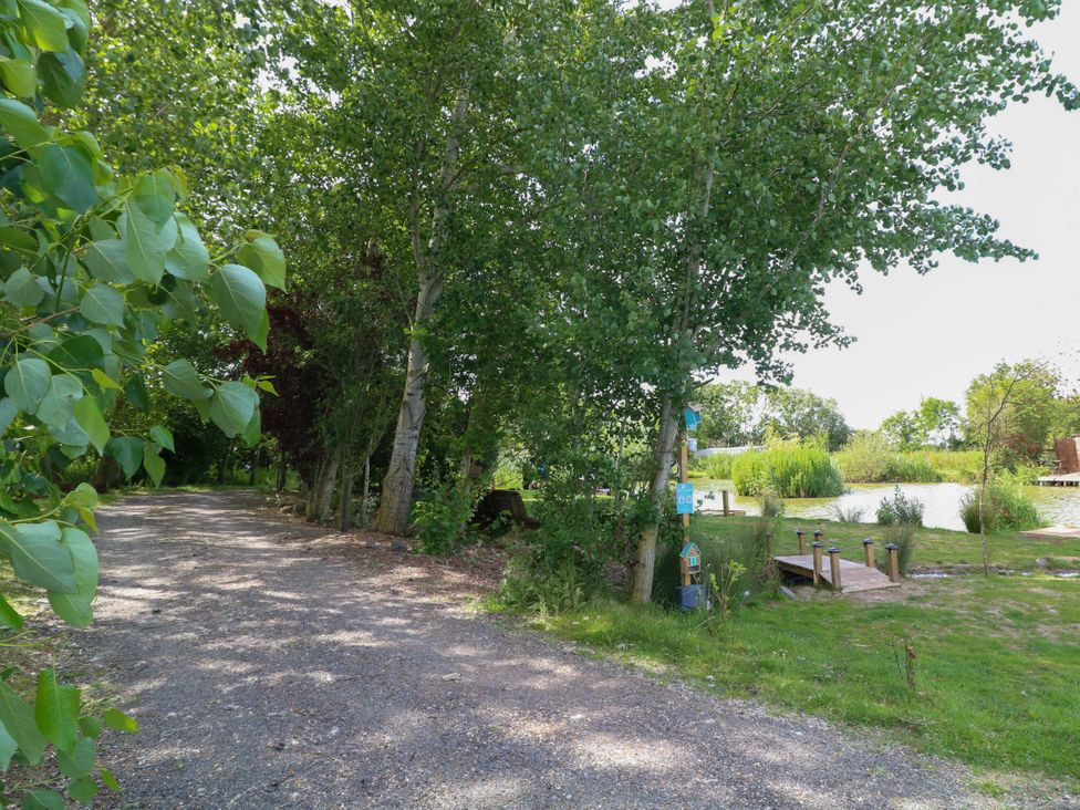 A path surrounded by trees leading to a pond at Moorhen Lodge in Market Rasen