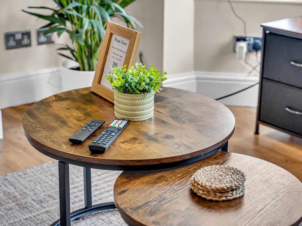 A coffee table with remotes and a plant at Peak View Terrace