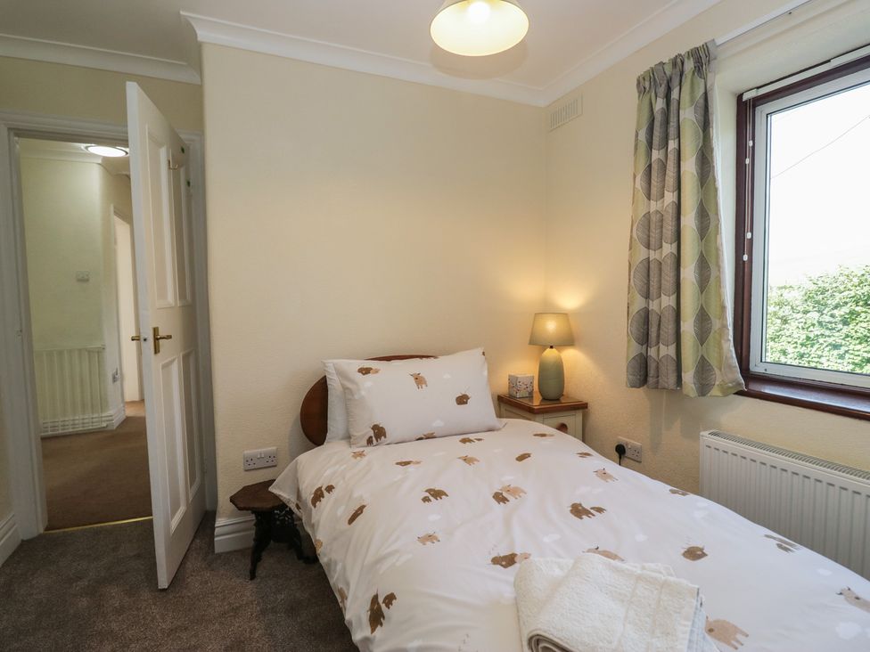 A bedroom with a single bed and a lamp at Throstlegarth in Milnthorpe