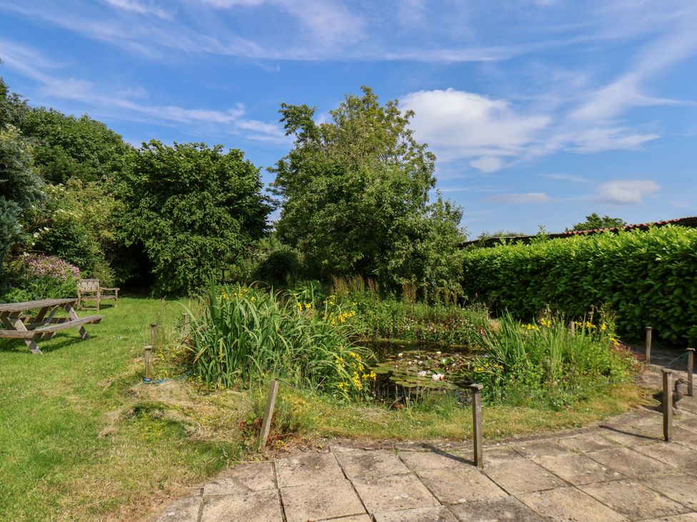 A garden with a pond and bench at Granary in Pickering