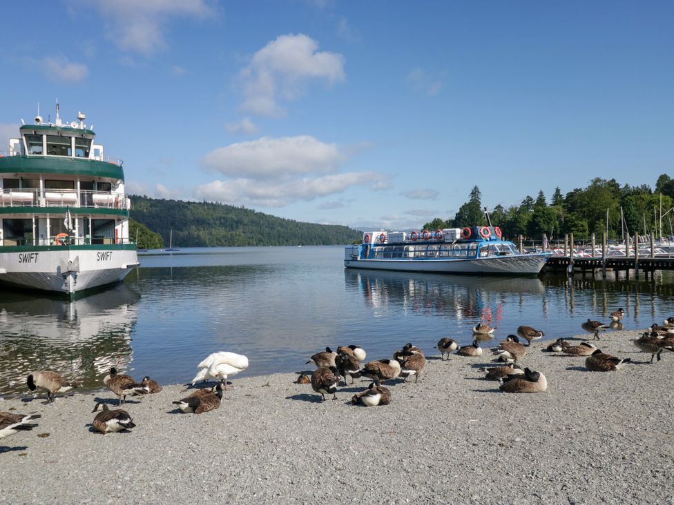 Two boats on water with ducks and swans on the shore at Hillside Cottage Bowness-On-Windermere