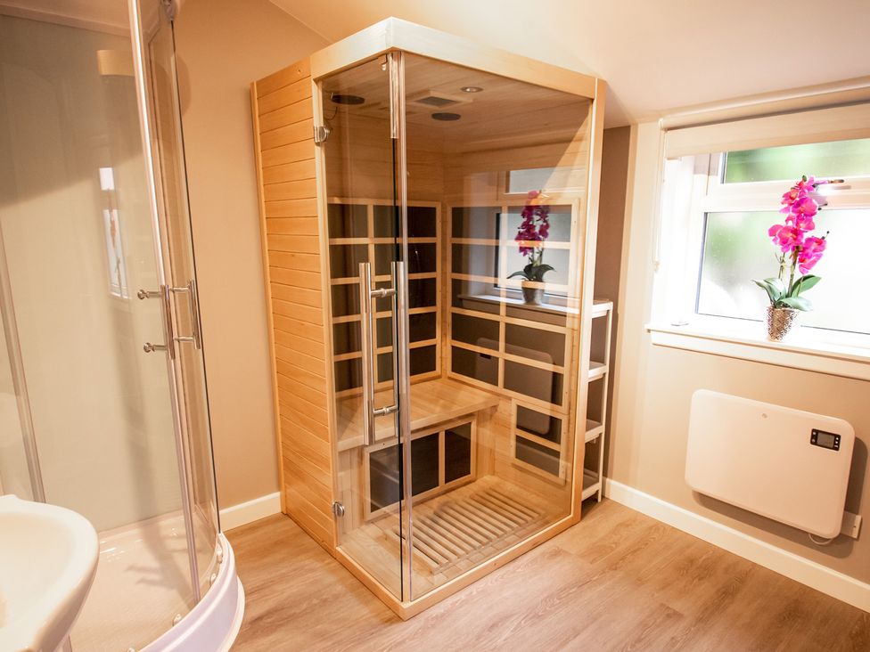 A sauna and shower in a bathroom