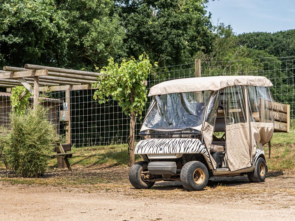 A golf cart with canopy in outdoor area at Luxury Safari Lodge Sleeps 4/6 Deer Park Dogs Ok Zeal Monachorum near Bow