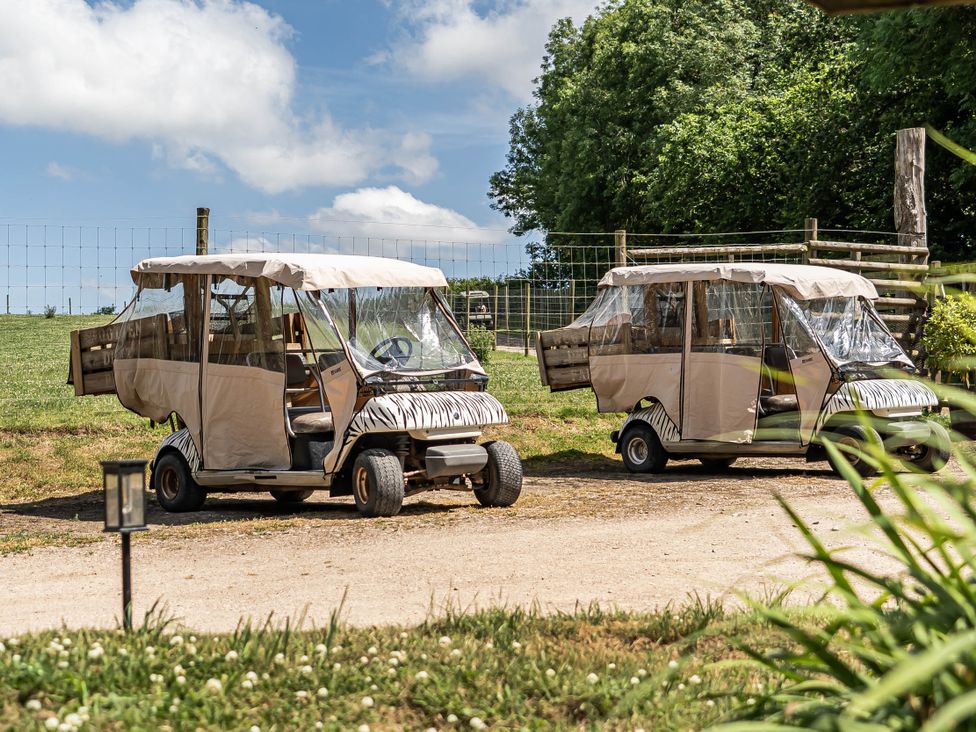 Two golf carts parked in a field at Luxury Safari Lodge Sleeps 4/6 Deer Park Dogs Ok, Zeal Monachorum near Bow