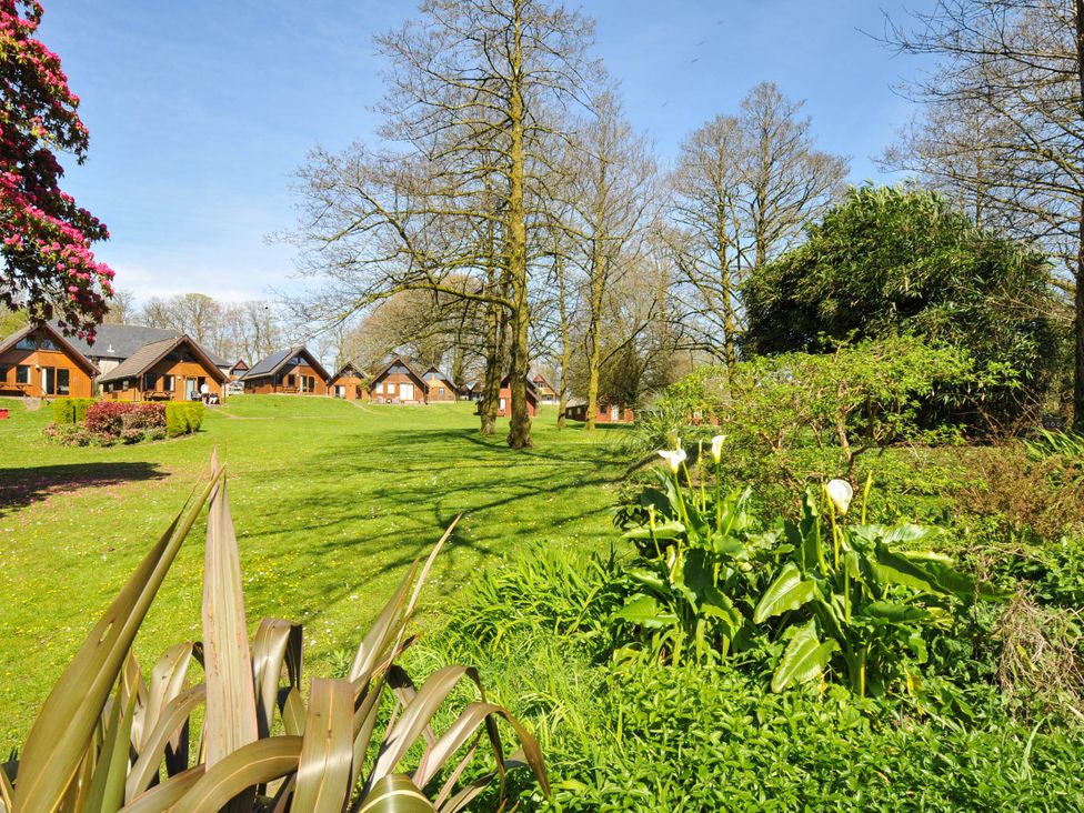 An outdoor area with cabins and greenery at No.122 Hengar Holiday Park near St Tudy