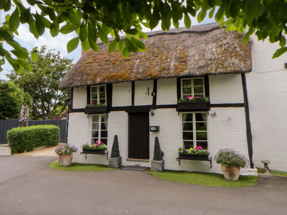 A cottage with a thatched roof and plants at Eightlands Hereford