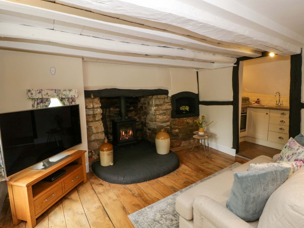 A living room with a stove and television at Eightlands in Hereford
