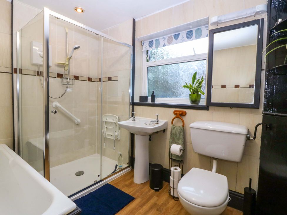 A bathroom with a shower, bathtub, sink, and toilet at Tyr Felin in Caernarfon