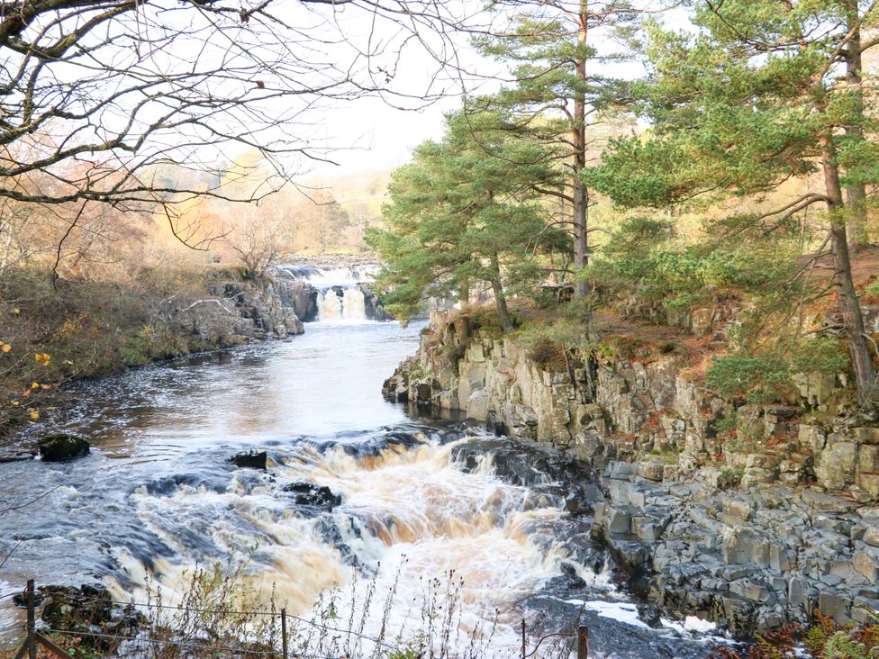 A river with a waterfall and trees at Arch Mews Cottage in Middleton-In-Teesdale