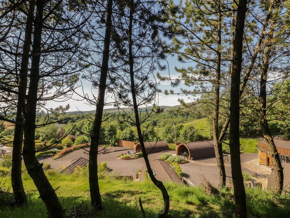 A view of glamping pods surrounded by trees and hills at Gortin Glen Glamping Pod 1 