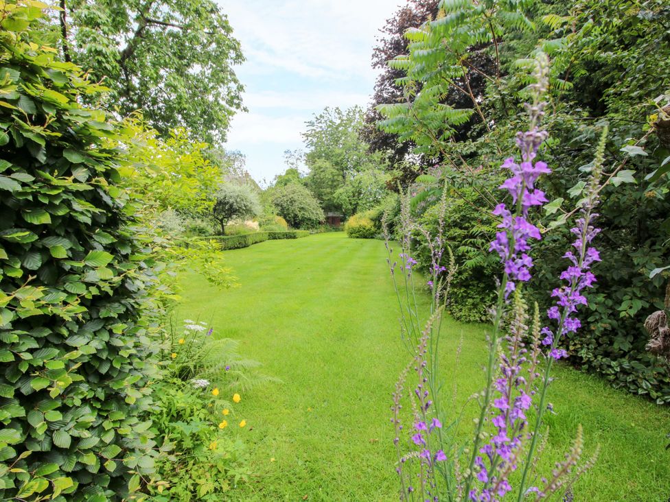 A garden with grass, trees and flowers at Apartment 4 in Lydbury North
