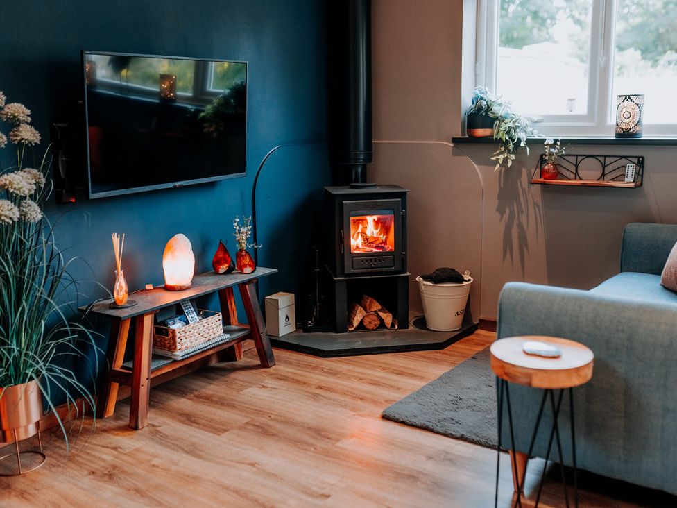 A living room with a stove and television at TyCosy in St Davids