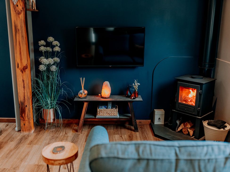 A living room with a television and wood stove at TyCosy in St Davids