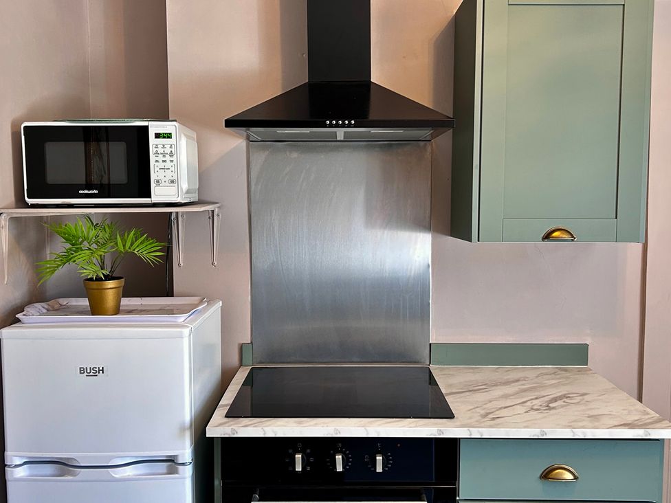 A kitchen with microwave, fridge, cooker and extraction fan at Downton II in Alnwick