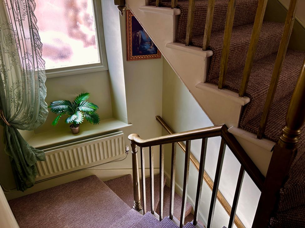 A staircase with a planter by the window at Downton II in Alnwick