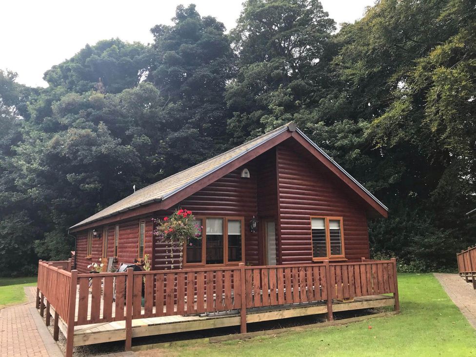 A cabin with a deck and flower pot in front at Stunning 2 Bedroom Pet Friendly Lodge in Bridlington
