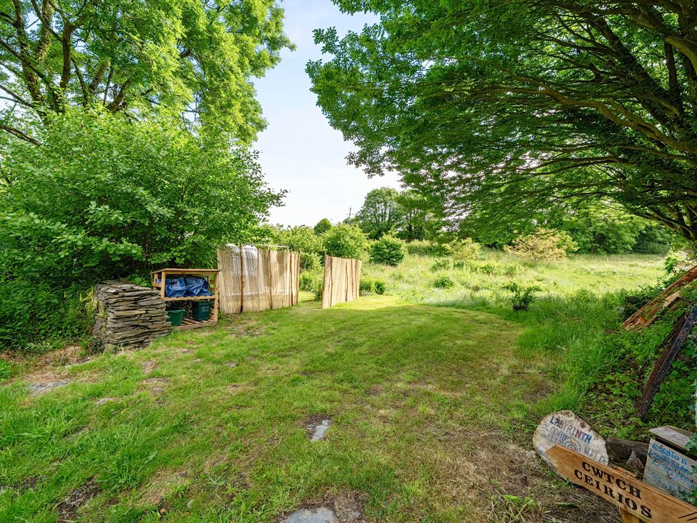 A garden area with trees and a storage unit at Sleeps 2 - Private Hot Tub - Fire Pit, St. Dogmaels near Cardigan