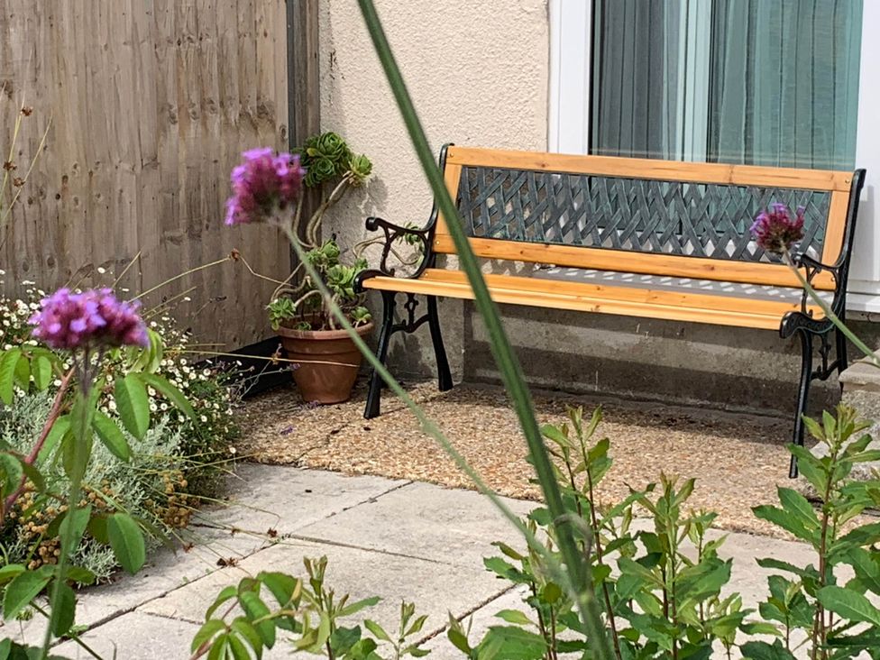 A bench next to a flowering plant at 2 Bed Sleeps 4 Parking Pets 10 min walk to Beach Falmouth