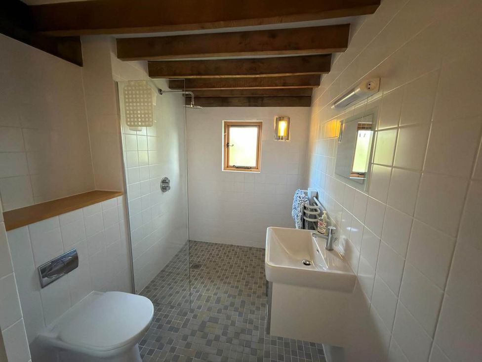 A bathroom with a toilet, sink, and shower at Tremail near Camelford