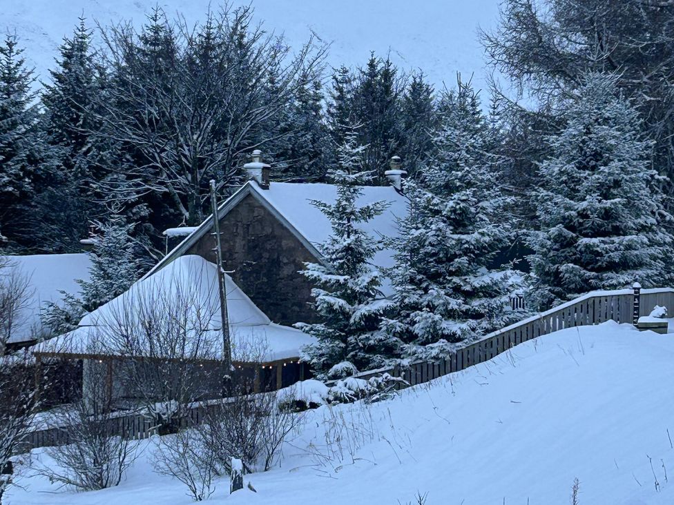 A house surrounded by snow and trees at 1 Station Cottages