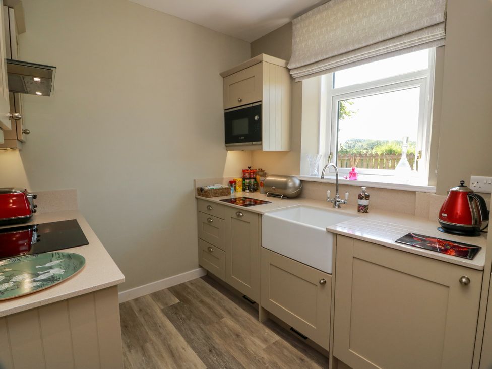 A kitchen featuring a sink, stove, and microwave at Waterside Lodge in Annan