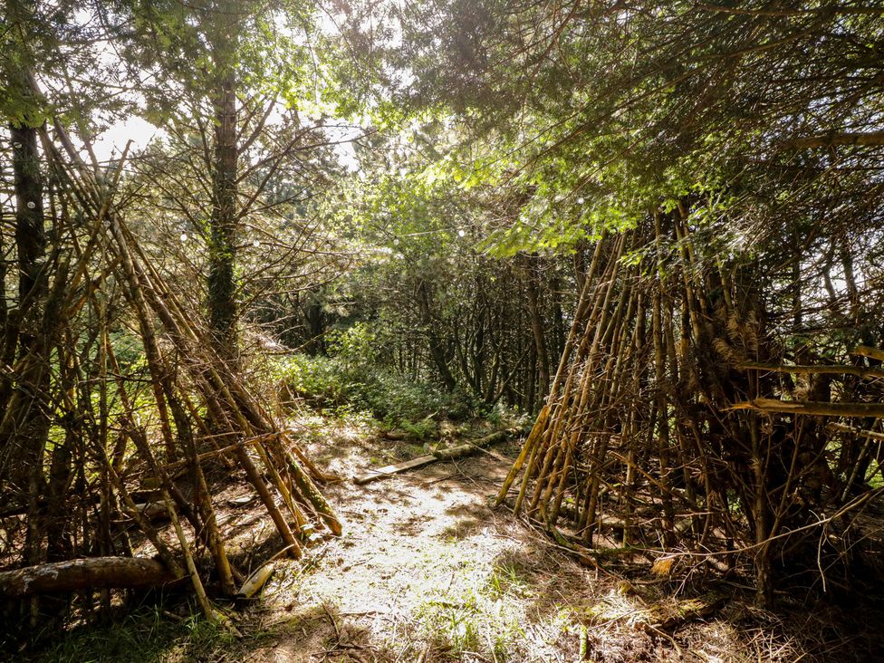 A clearing with stick structures surrounded by trees at Gortin Glen Glamping Pod 3 in Omagh