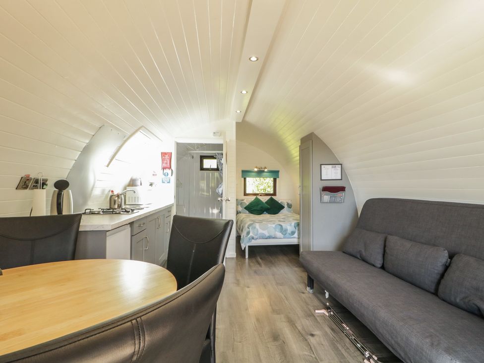 A living room with a kitchen area and sleeping area at Gortin Glen Glamping Pod 5 Omagh