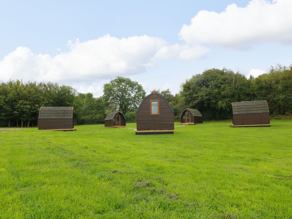 Five wooden cabins in a grassy area at Starling Pod in Coalville