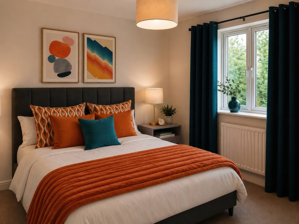 A bedroom with a bed and decorative pillows at Haregate House in Leek
