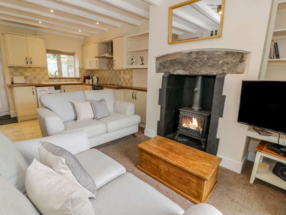 A living room with a sofa and fireplace at Awelfryn in Betws-y-Coed