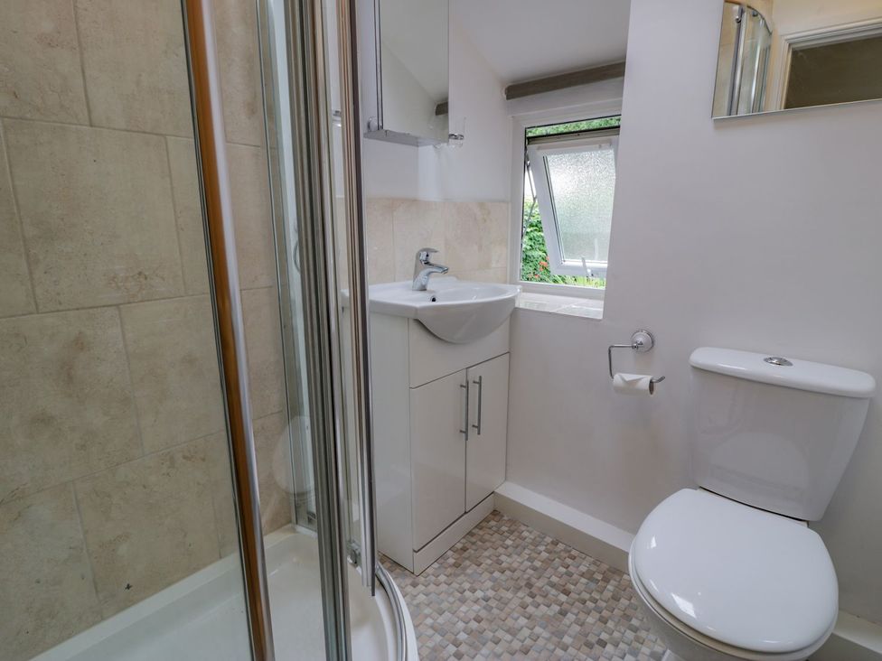 A bathroom with shower, sink, toilet, and cabinet at Awelfryn in Betws-y-Coed