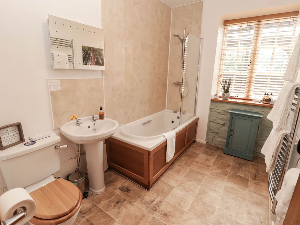 A bathroom with a bath, toilet, wash basin, and window at Ty Mawr Country House in Carmarthen